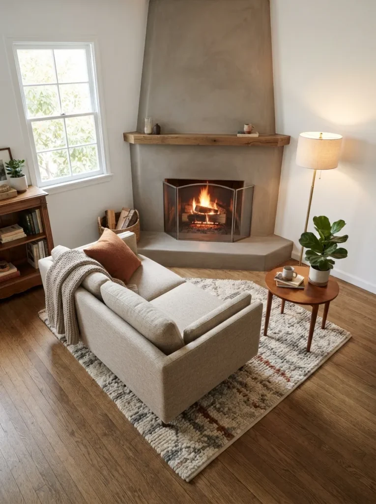 Angled Sofa Placement - 16 Corner Fireplace Ideas to Make Your Room Feel Cozy