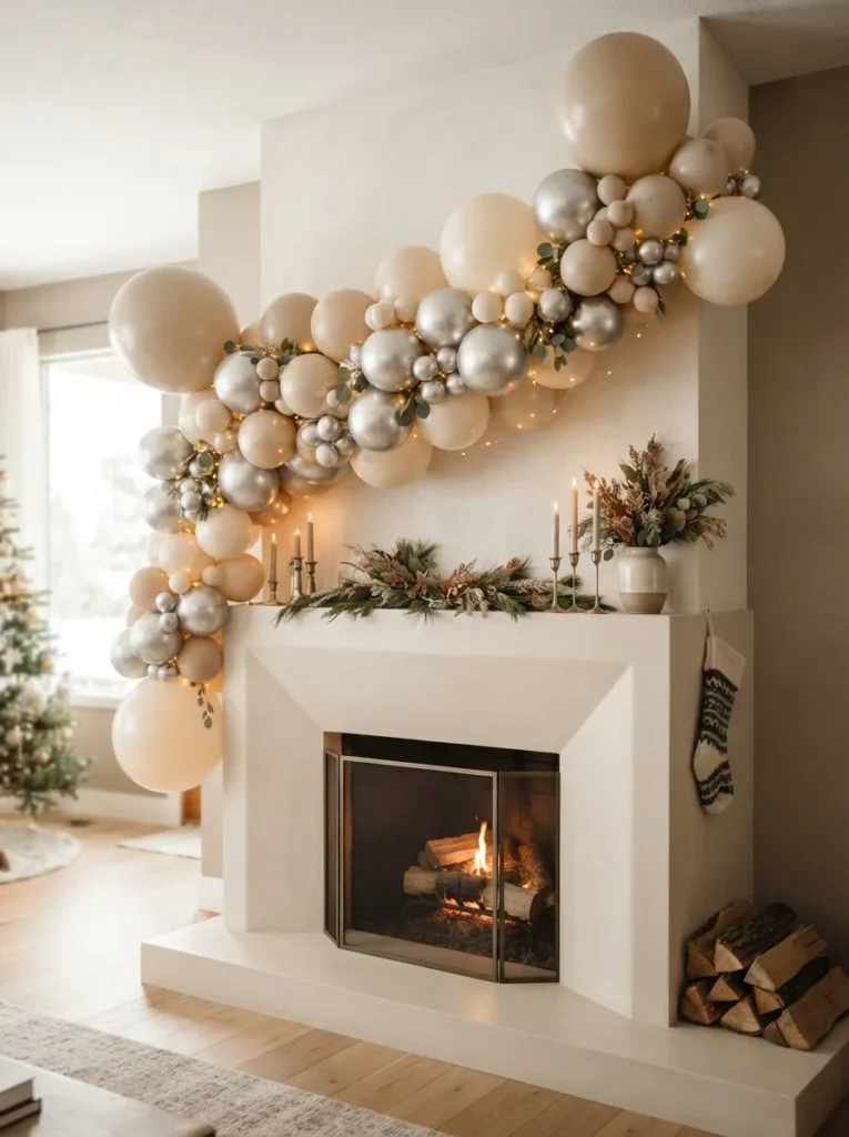 Balloon Banner Display - 20 Christmas Mantel Ideas to Make Your Home Feel Cozy