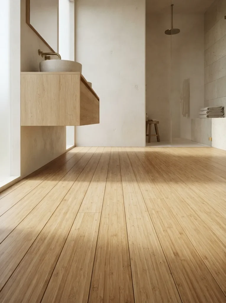 Bamboo Wood Flooring - 18 Japandi Bathroom Design Ideas for a Calm Modern Space