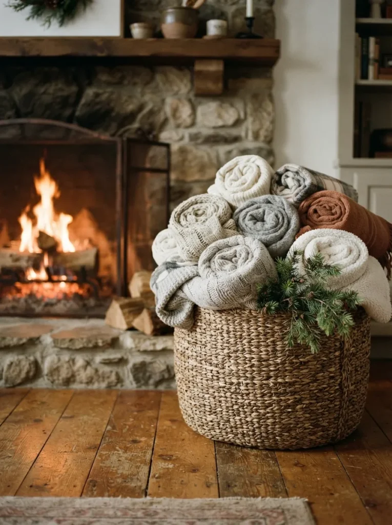 Basket of Blankets - 20 Christmas Mantel Ideas to Make Your Home Feel Cozy