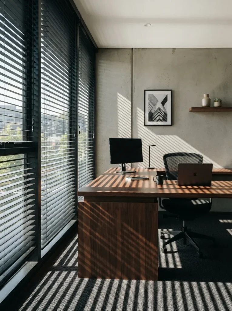 Black Horizontal Blinds - 19 Masculine Home Office Ideas That Feel Stylish and Refined