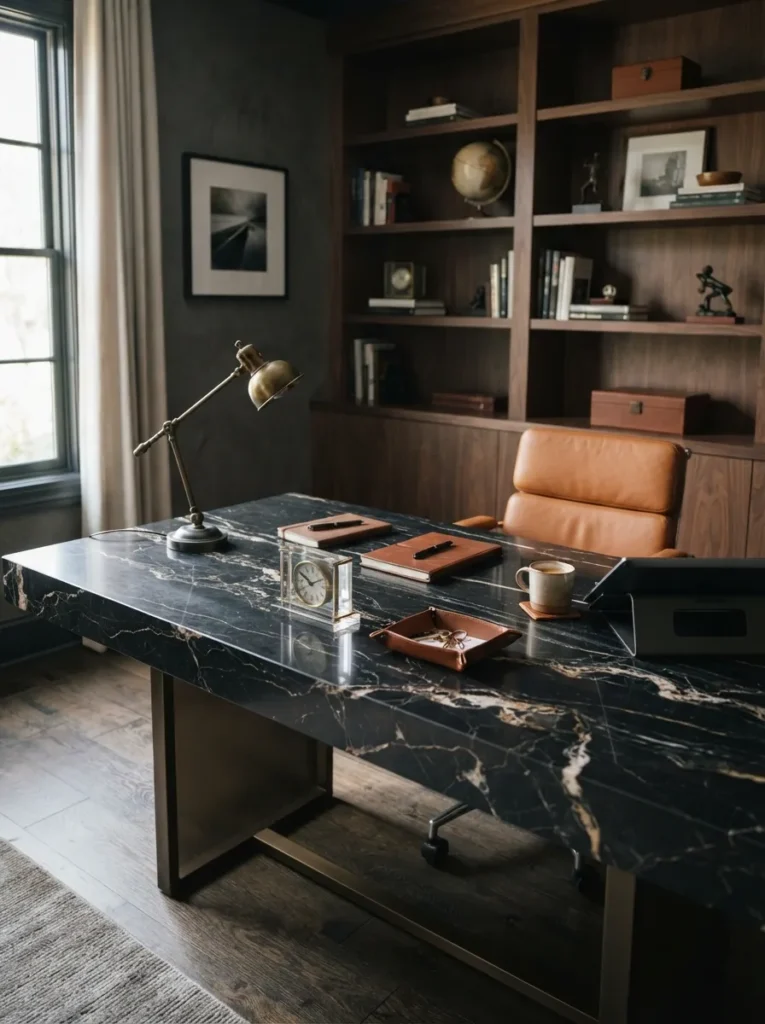 Black Marble Desk For Masculine Home Office - 19 Masculine Home Office Ideas That Feel Stylish and Refined