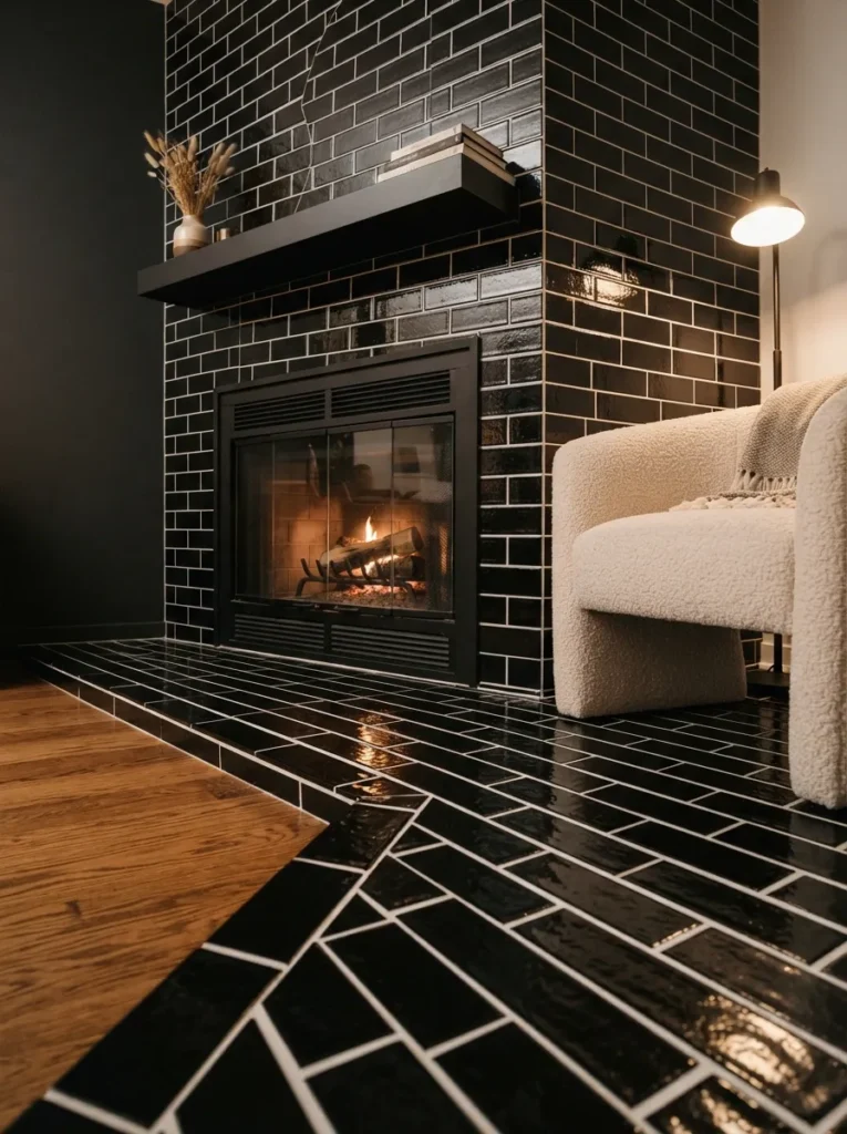 Black Metro Tiles - 16 Corner Fireplace Ideas to Make Your Room Feel Cozy