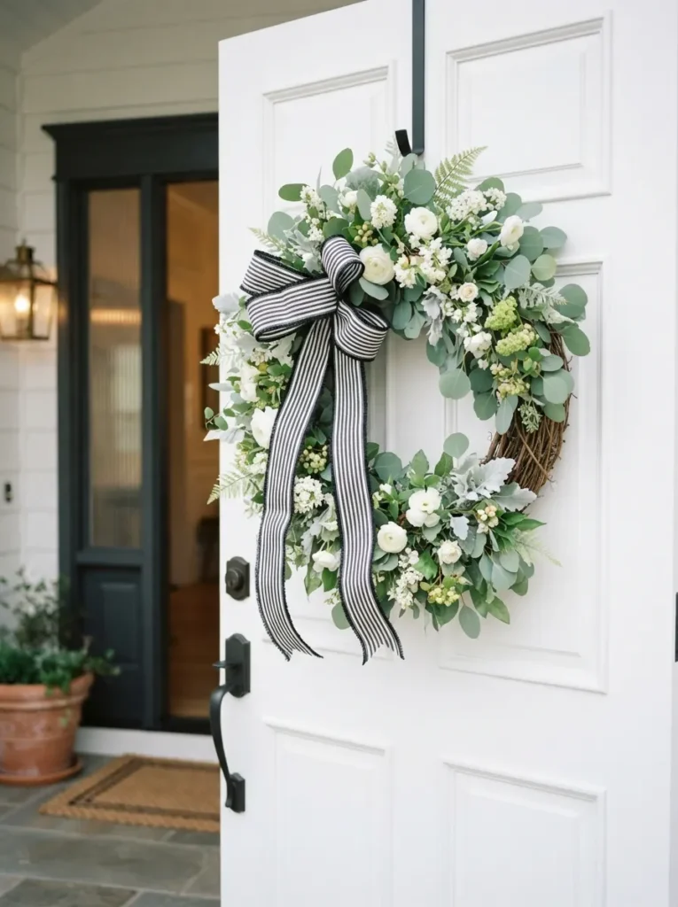 Black White Striped Bow - 19 Spring Wreath Ideas for a Beautiful Front Door