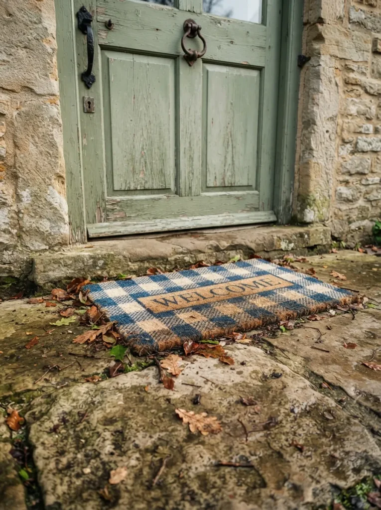 Blue Check Welcome Mat - 22 Spring Front Porch Decor Ideas to Welcome the Season