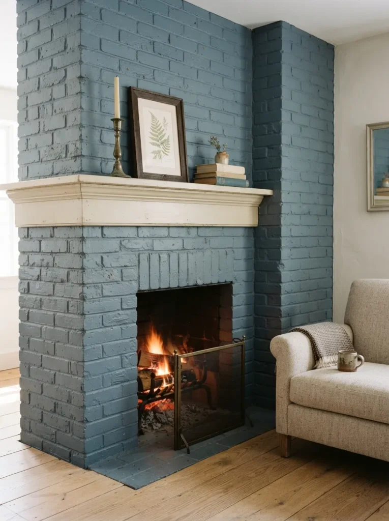 Blue Painted Fireplace - 16 Corner Fireplace Ideas to Make Your Room Feel Cozy