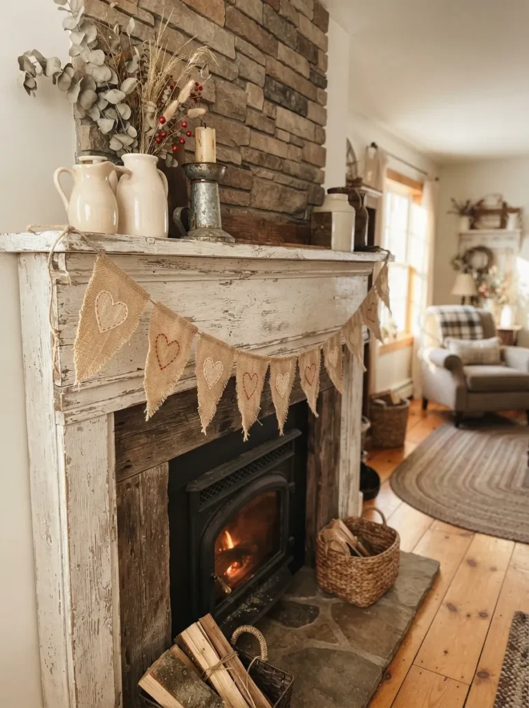 Burlap Banner Display - 21 Farmhouse Valentine Decor Ideas for a Cozy Home
