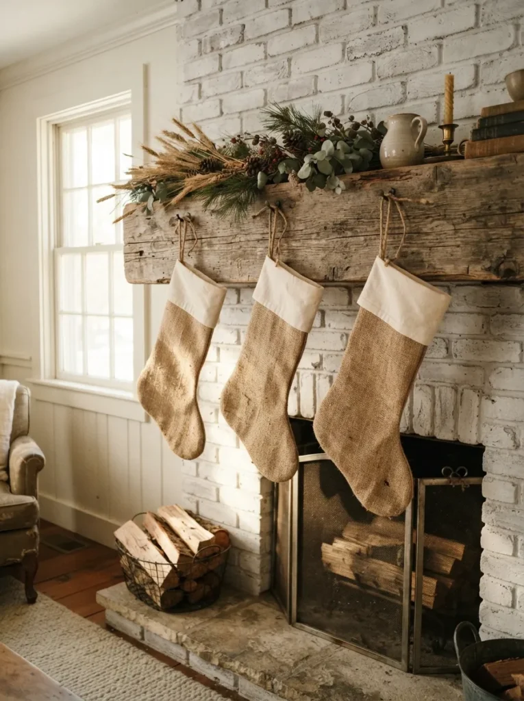 Burlap Farmhouse Stockings - 20 Christmas Mantel Ideas to Make Your Home Feel Cozy