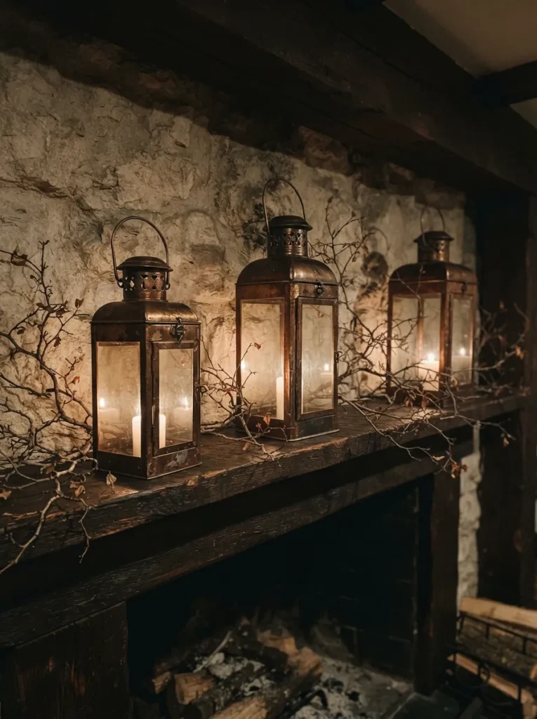Burnished Metal Lanterns - 20 Christmas Mantel Ideas to Make Your Home Feel Cozy
