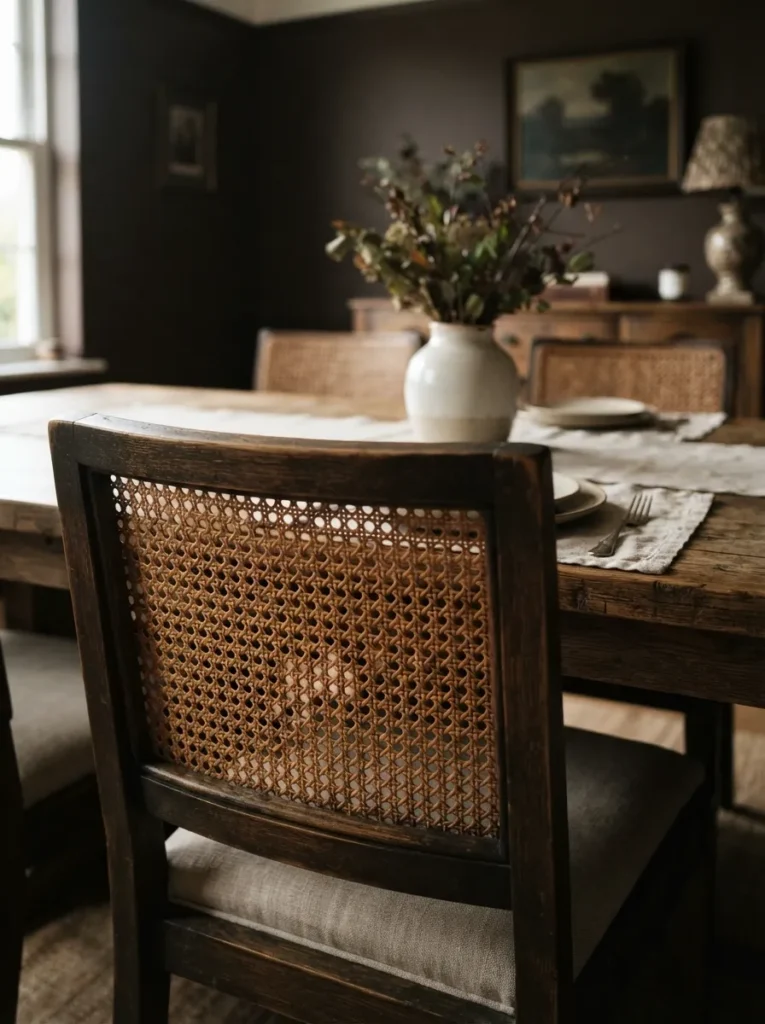 Cane-Back Chair Pairing - 20 Moody Dining Room Ideas That Feel Bold and Inviting