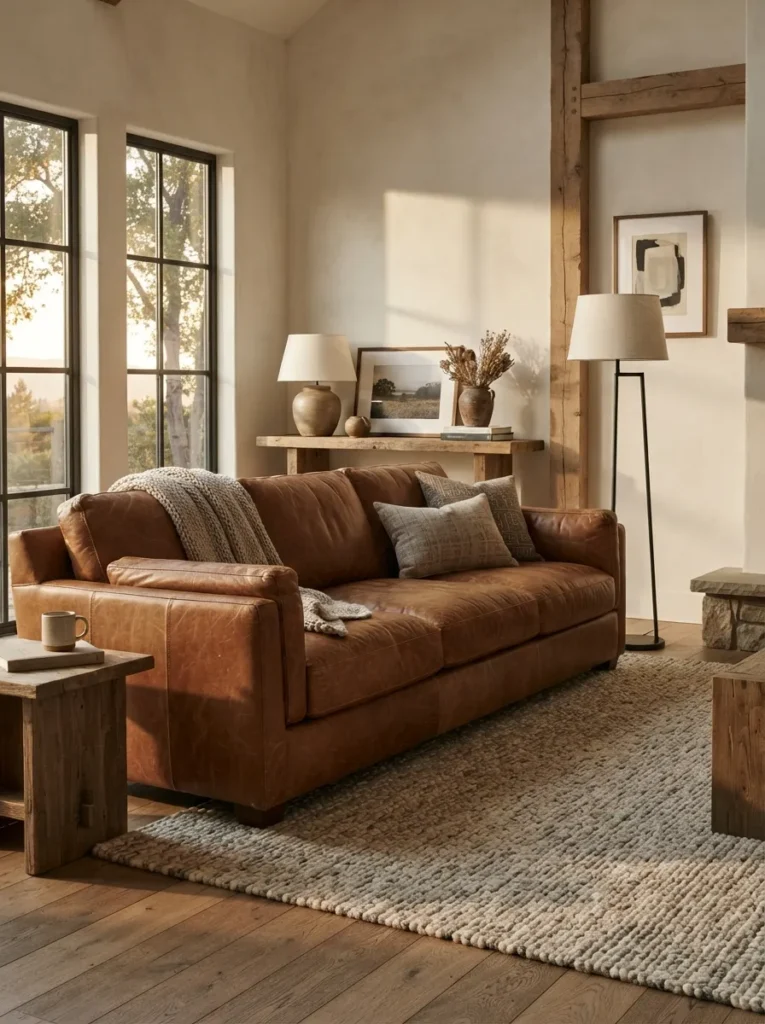 Caramel Leather Sofa For Modern Rustic Living Room - 25 Modern Rustic Living Room Ideas That Feel So Cozy
