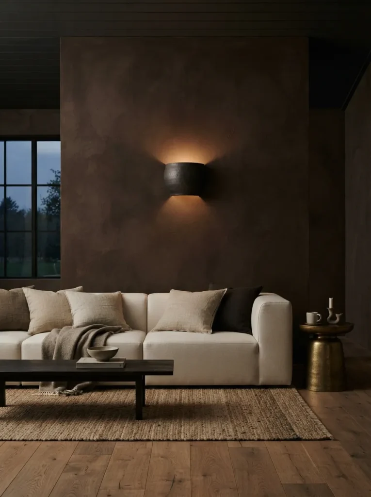 Chocolate Statement Wall - 25 Modern Rustic Living Room Ideas That Feel So Cozy