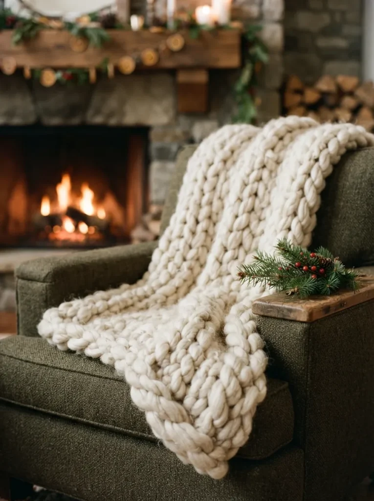 Chunky Knit Throw - 20 Christmas Mantel Ideas to Make Your Home Feel Cozy