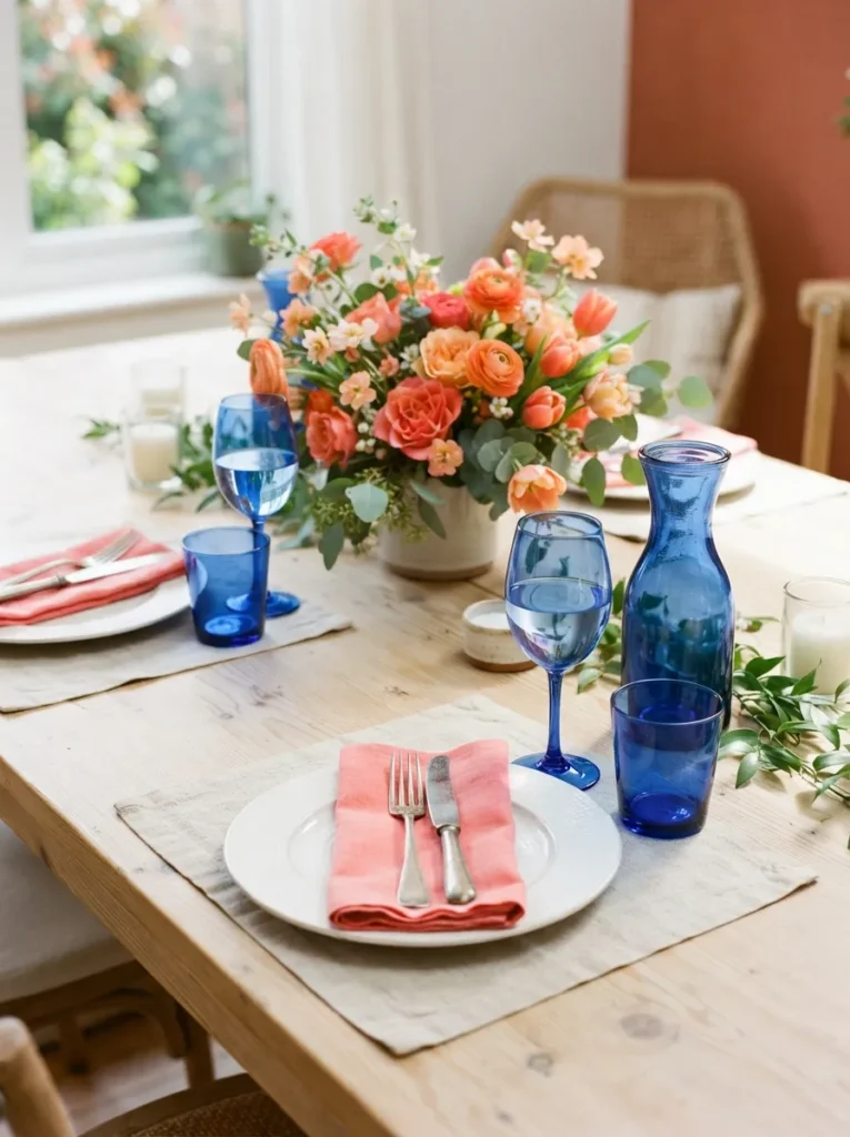 Cobalt Coral Palette - 20 Spring Table Decor Ideas for a Fresh Seasonal Setting