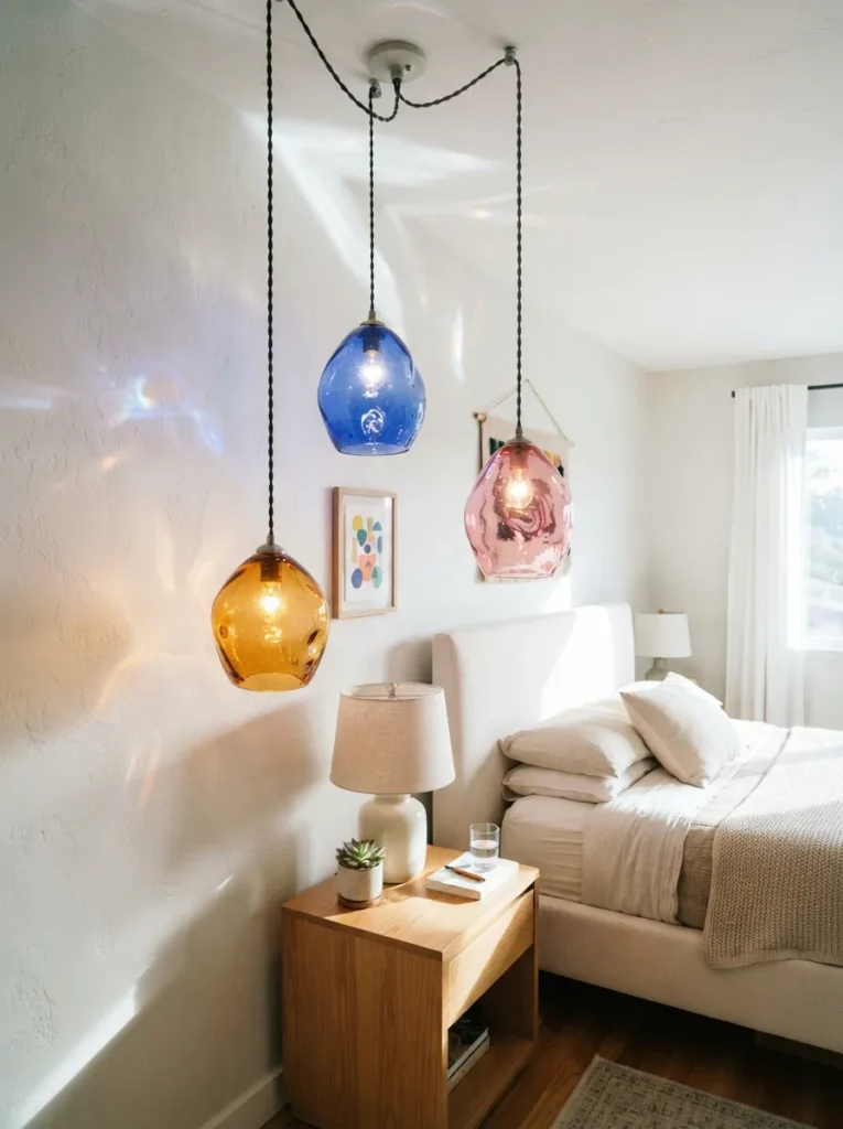 Colorful Glass Pendants - 20 Colorful Bedroom Ideas for a Bright Happy Space