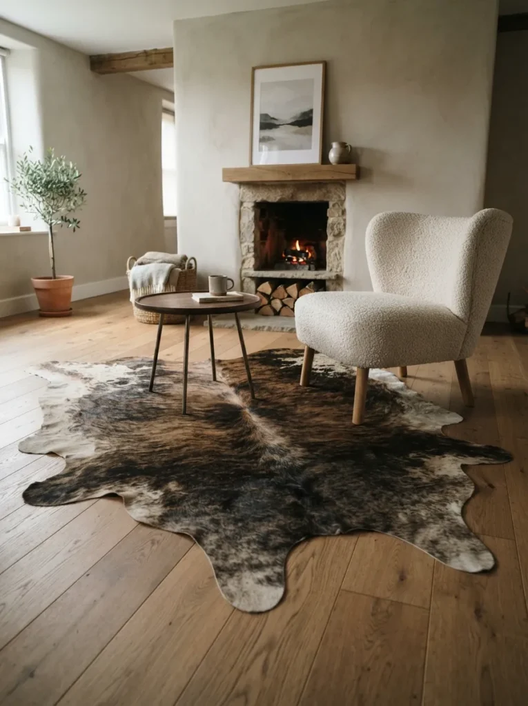 Cowhide Area Rug - 25 Modern Rustic Living Room Ideas That Feel So Cozy