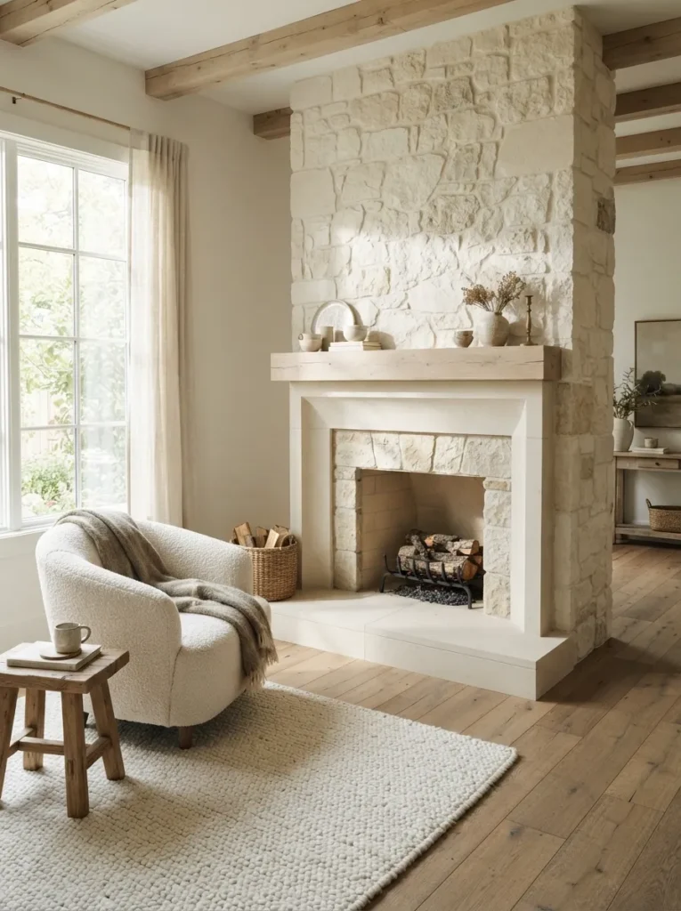 Cream Multitextured Stone - 18 Stone Fireplace Ideas for a Warm Rustic Home