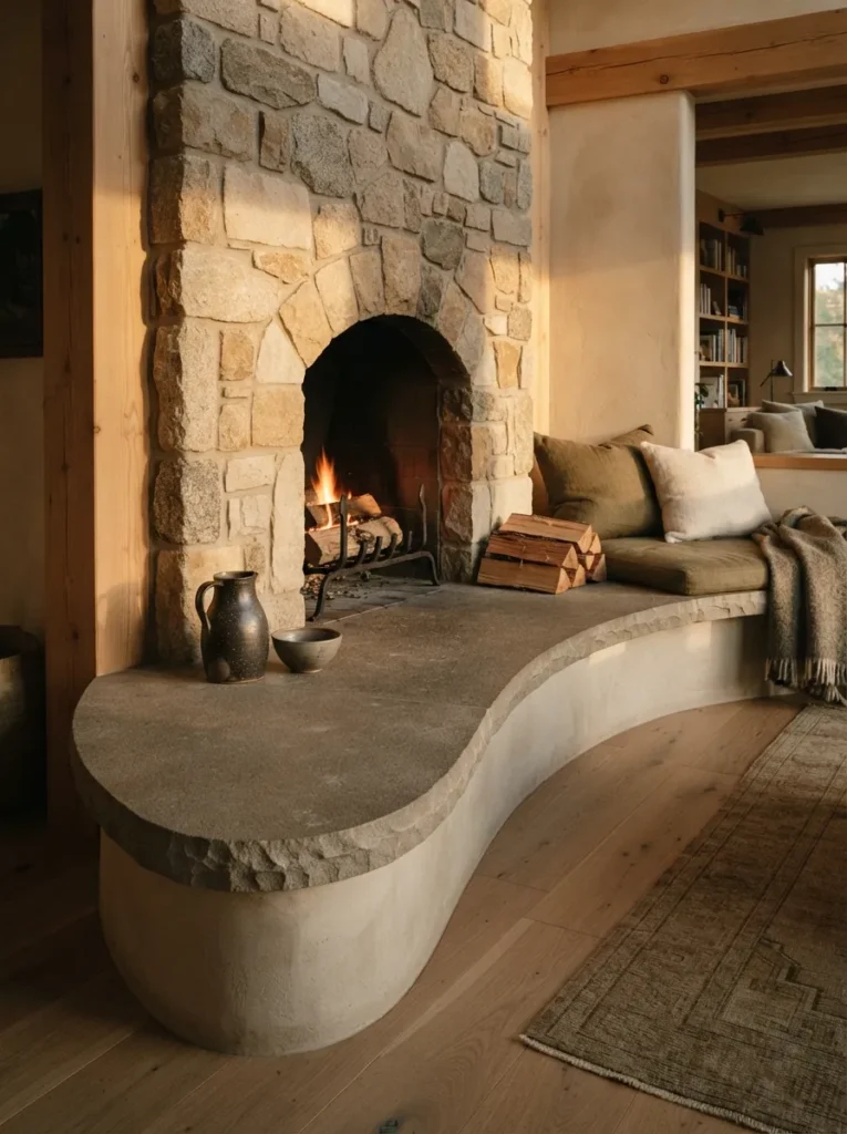 Curved Elevated Hearthstone - 18 Stone Fireplace Ideas for a Warm Rustic Home