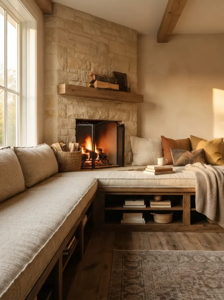 Cushioned Bench Seating - 16 Corner Fireplace Ideas to Make Your Room Feel Cozy