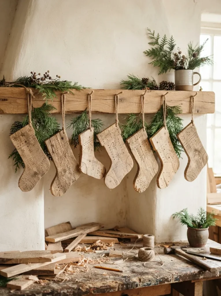 DIY Wood Stockings - 20 Christmas Mantel Ideas to Make Your Home Feel Cozy