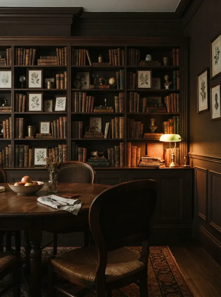 Dark Academia Bookcase - 20 Moody Dining Room Ideas That Feel Bold and Inviting