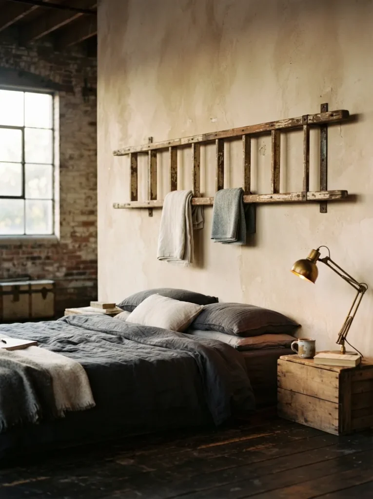 Distressed Ladder Mount - 17 Stylish Ways to Decorate a Bed Without a Headboard