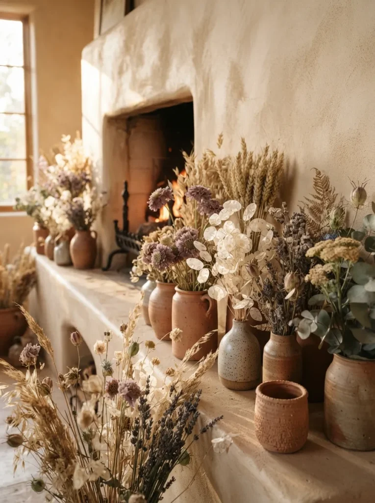 Dried Flower Clusters - 21 Year Round Mantle Decor Ideas for a Timeless Look