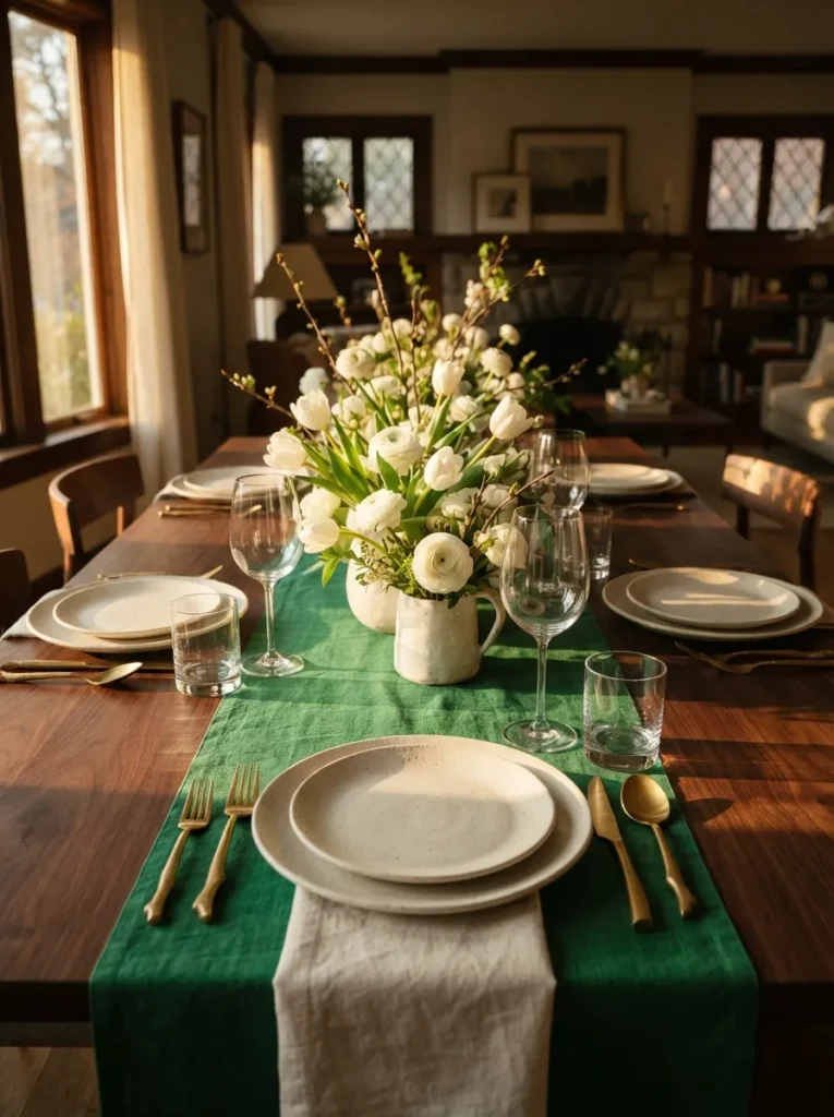 Emerald Table Runner - 21 Spring Tablescapes to Make Your Table Feel Fresh