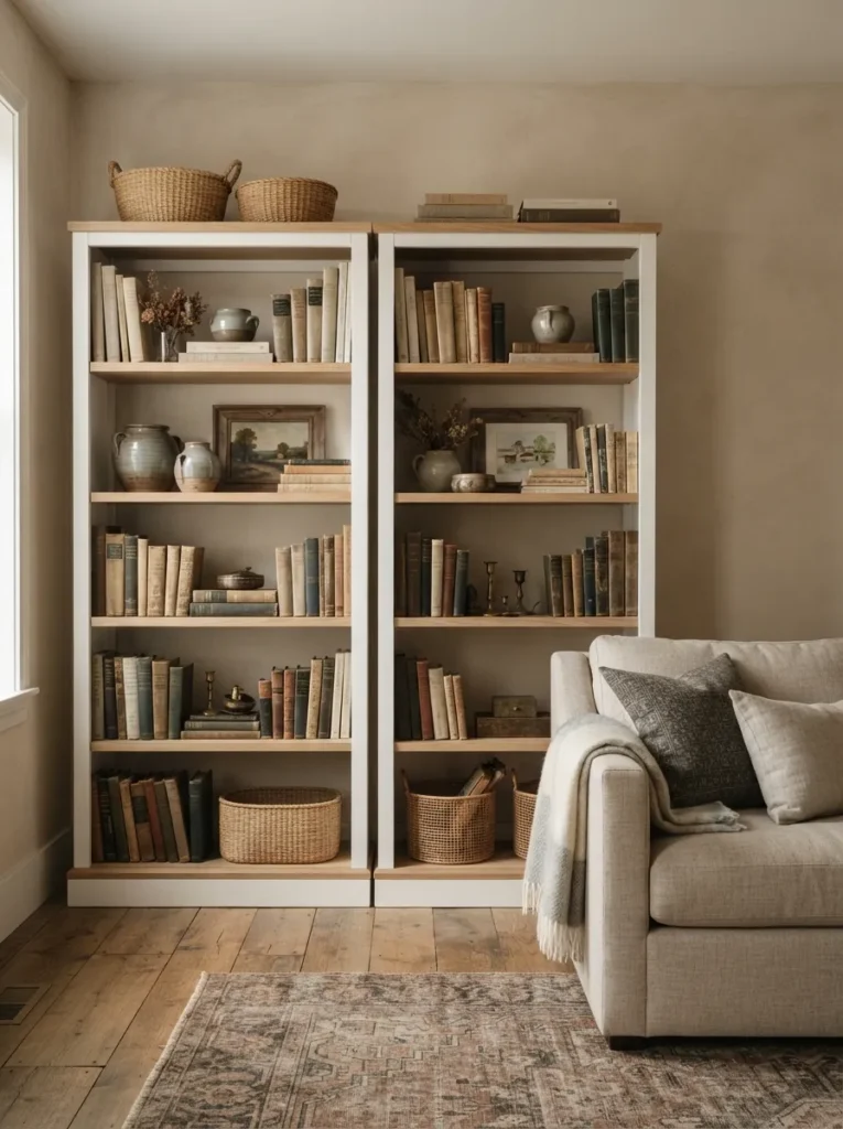 Farmhouse Open Bookshelves - 25 Modern Rustic Living Room Ideas That Feel So Cozy