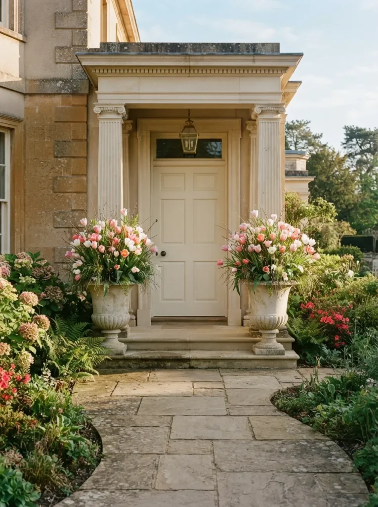 Flanking Tulip Planters - 18 Easter Wreath Ideas for a Charming Front Door Look