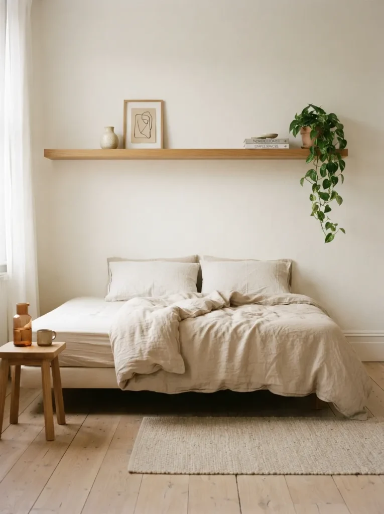 Floating Shelf Backdrop - 17 Stylish Ways to Decorate a Bed Without a Headboard