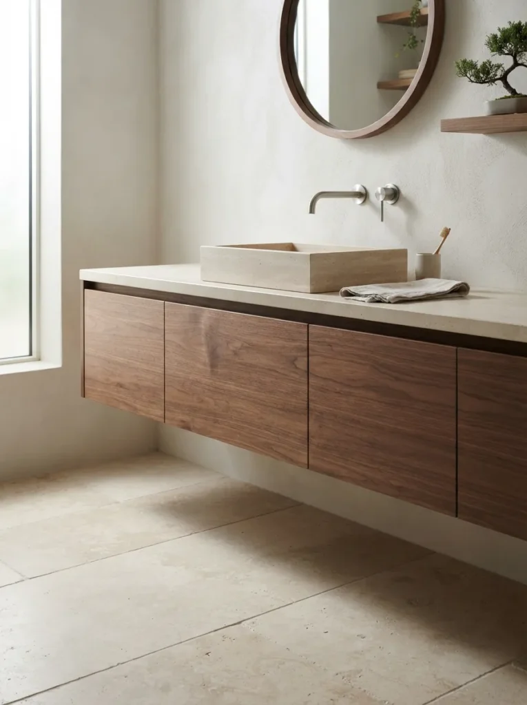 Floating Wood Vanity - 18 Japandi Bathroom Design Ideas for a Calm Modern Space
