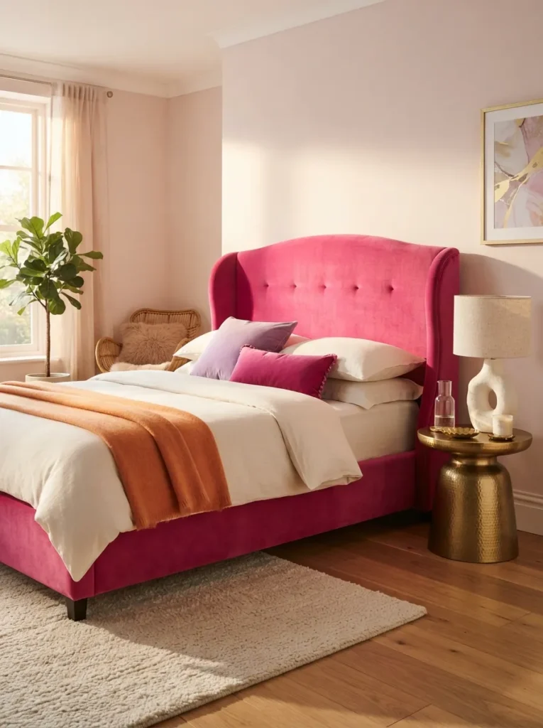 Fuchsia Upholstered Bed - 20 Colorful Bedroom Ideas for a Bright Happy Space