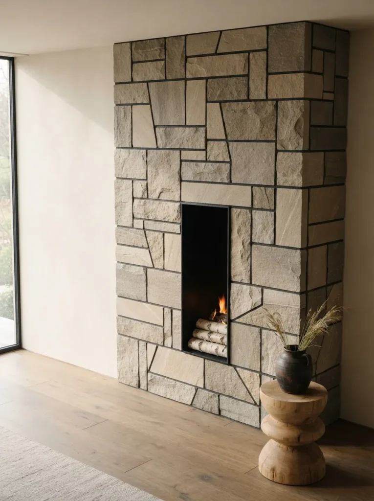 Geometric Stone Pattern - 18 Stone Fireplace Ideas for a Warm Rustic Home