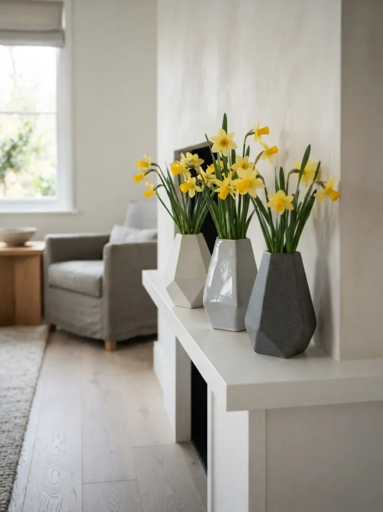 Geometric Vase Daffodils - 21 Year Round Mantle Decor Ideas for a Timeless Look
