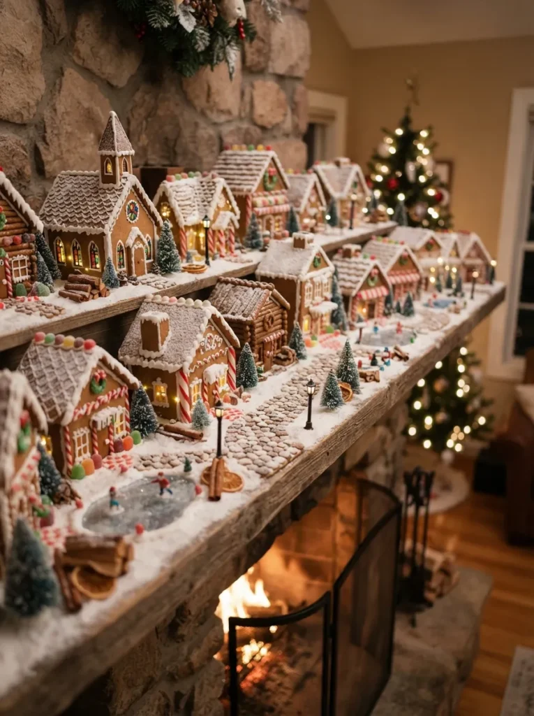 Gingerbread Village Scene - 20 Christmas Mantel Ideas to Make Your Home Feel Cozy