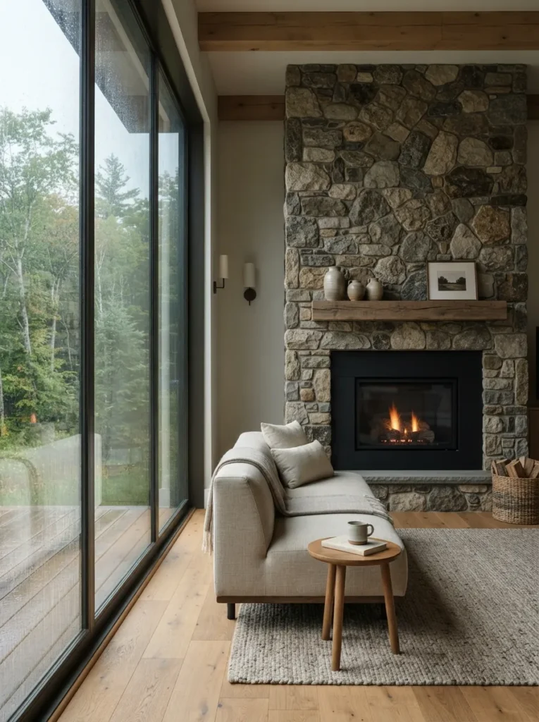 Glass Wall Surround - 18 Stone Fireplace Ideas for a Warm Rustic Home