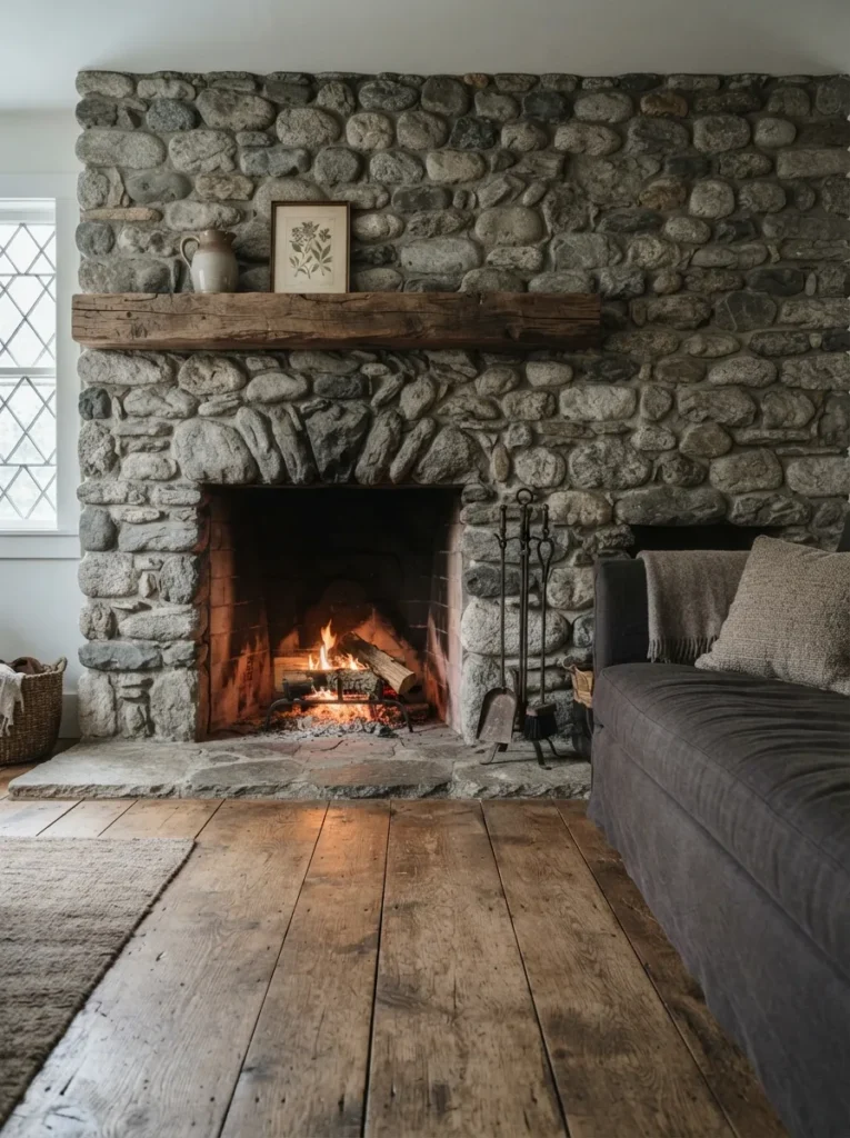 Gray Cobblestone Wall - 18 Stone Fireplace Ideas for a Warm Rustic Home