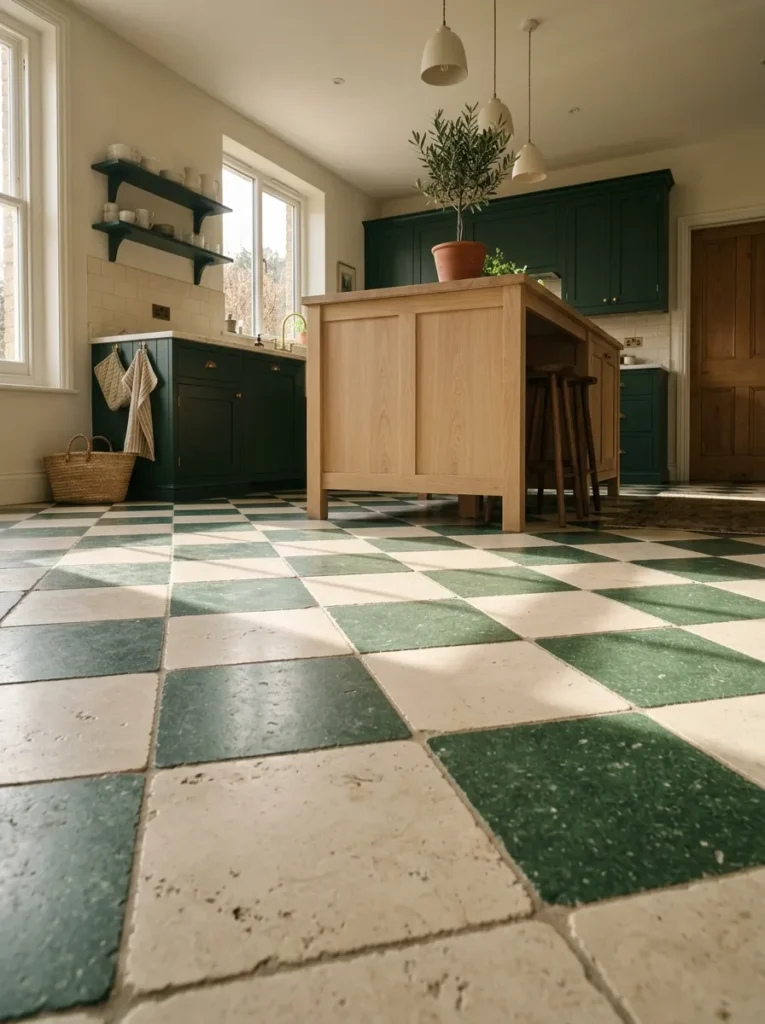Green Checkerboard Flooring - 19 Dark Green Kitchen Ideas for a Rich Modern Look