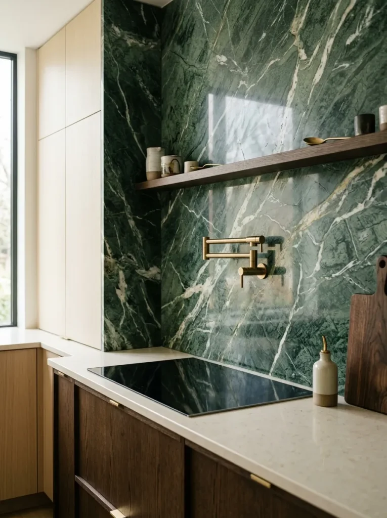 Green Marble Backsplash - 19 Dark Green Kitchen Ideas for a Rich Modern Look