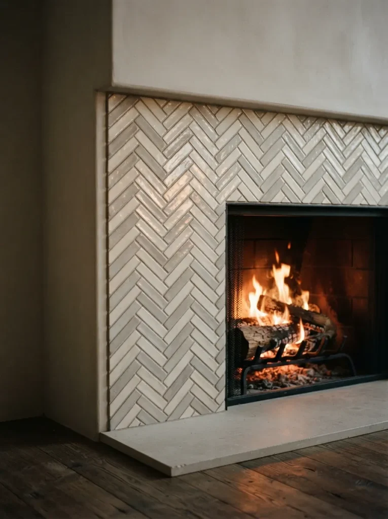 Herringbone Firebox Pattern - 16 Corner Fireplace Ideas to Make Your Room Feel Cozy