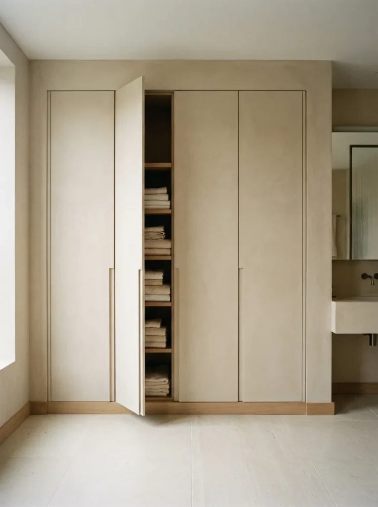 Hidden Built-In Cabinetry - 18 Japandi Bathroom Design Ideas for a Calm Modern Space