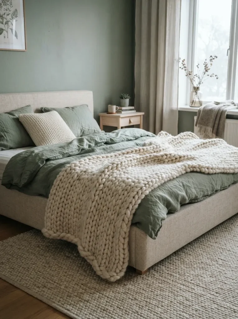 Knitted Blanket Layer - 22 Sage Green Bedroom Ideas for a Calm Modern Retreat