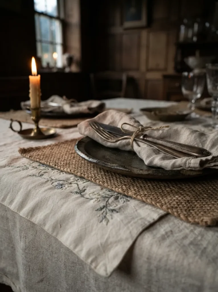 Layered Antique Linens - 20 Moody Dining Room Ideas That Feel Bold and Inviting