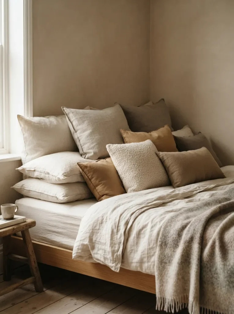 Layered Pillow Stack - 17 Stylish Ways to Decorate a Bed Without a Headboard