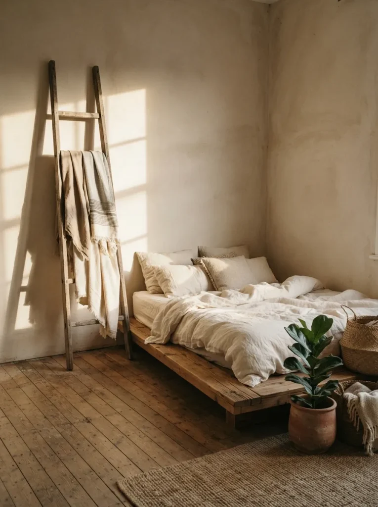 Leaning Ladder Display - 17 Stylish Ways to Decorate a Bed Without a Headboard