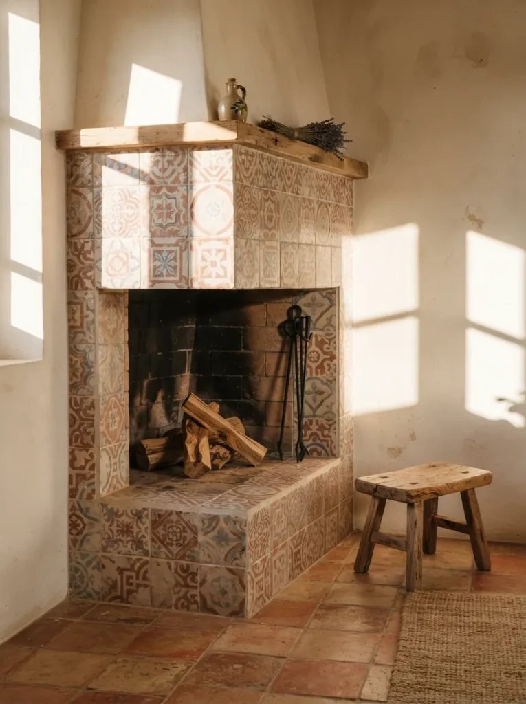 Mediterranean Tile Fireplace - 16 Corner Fireplace Ideas to Make Your Room Feel Cozy