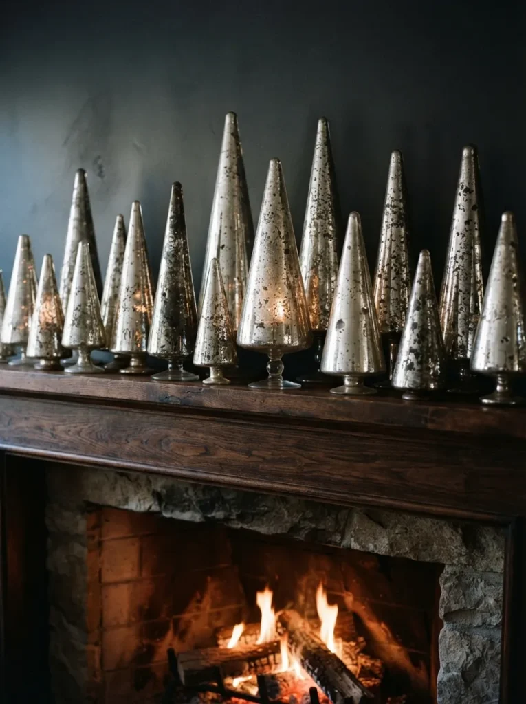 Mercury Glass Trees - 20 Christmas Mantel Ideas to Make Your Home Feel Cozy