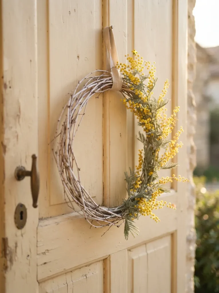 Mimosa Stem Accent - 19 Spring Wreath Ideas for a Beautiful Front Door