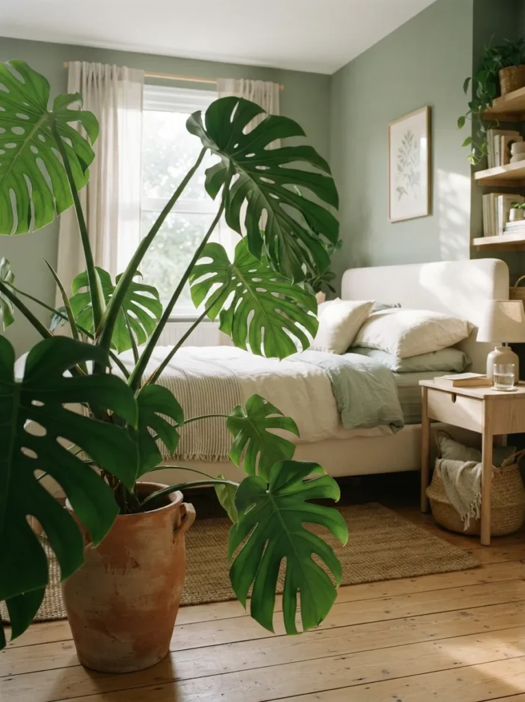 Monstera Plant Accent - 22 Sage Green Bedroom Ideas for a Calm Modern Retreat